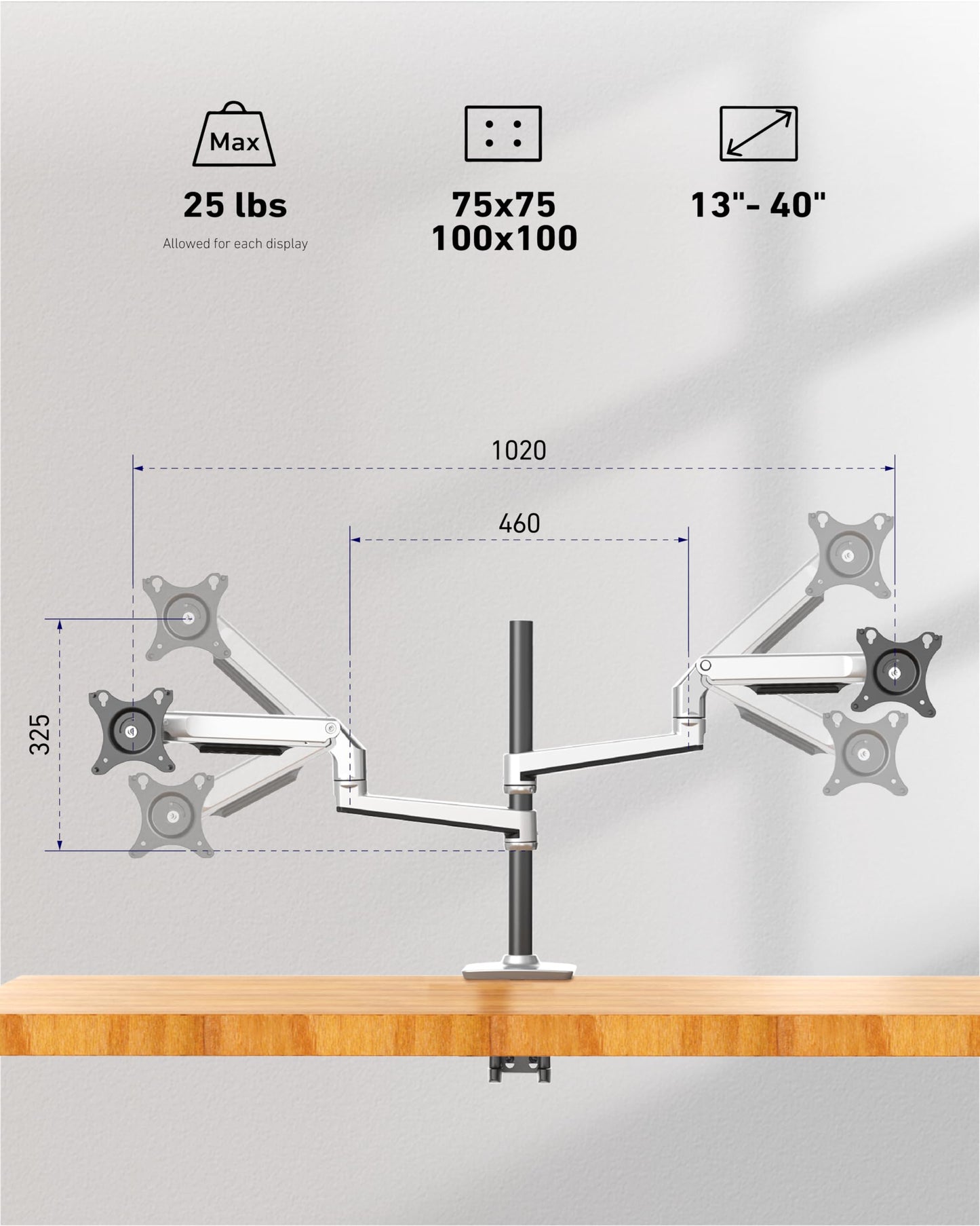 Ergounion Quad Monitor Mount, Holds Screens up to 40 Inches and 25 lbs, Fully Adjustable 4 Monitor Mount with C-Clamp and Grommet Base, Aluminum, Silver