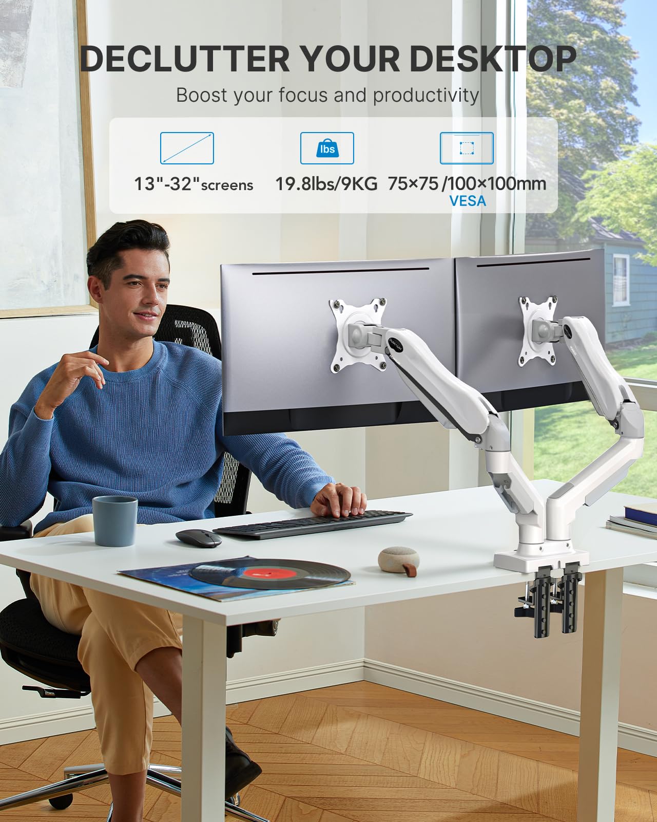 HUANUO Dual Monitor Stand - Full Adjustable Monitor Desk Mount Swivel Vesa Bracket with C Clamp, Grommet Mounting Base for 13 to 32 Inch Computer Screens - Each Arm Holds 4.4 to 19.8lbs - Whtie