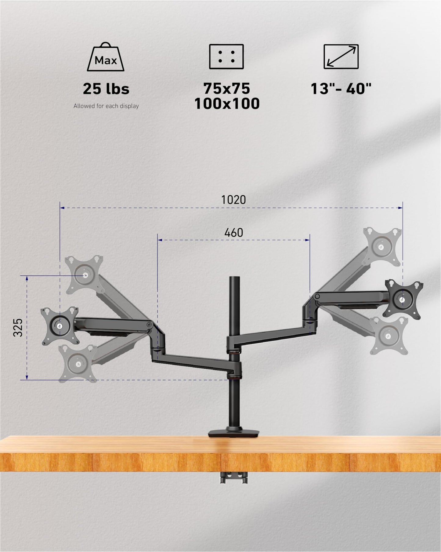 Ergounion Quad Monitor Mount, Holds Screens up to 40 Inches and 25 lbs, Fully Adjustable 4 Monitor Mount with C-Clamp and Grommet Base, Aluminum, Black