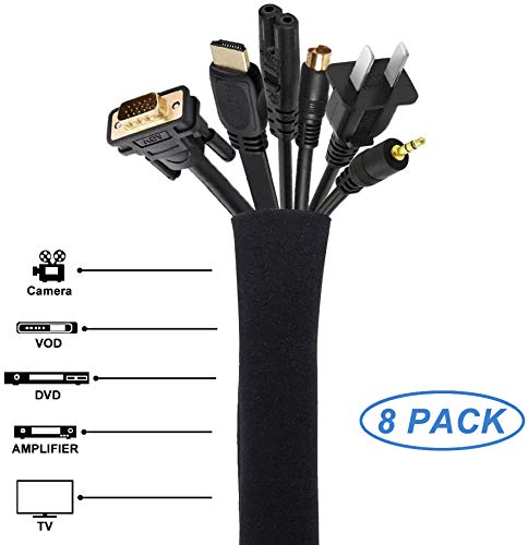 [8 Pack] JOTO Cable Management Sleeve, 19-20 Inch Cord Organizer System with Zipper for TV Computer Office Home Entertainment, Flexible Cable Sleeve Wrap Cover Wire Hider System -Black