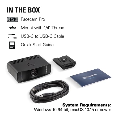 Elgato Facecam Pro, True 4K60 Ultra HD Webcam for Live Streaming, Gaming, Video Calls, Advanced Light Correction, DSLR Style Control, Wide Angle, Works with OBS, Teams,Zoom, PC/Mac, Black