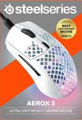 SteelSeries Aerox 3 - Holey RGB Gaming Mouse - Ultra-lightweight Water Resistant Design - 8,500 DPI TrueMove Core Optical Sensor - Snow