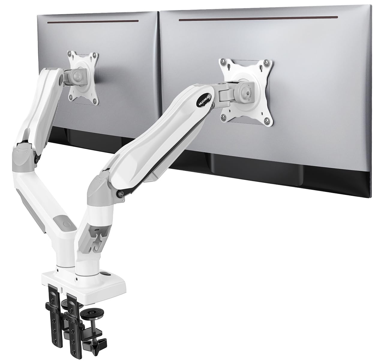 HUANUO Dual Monitor Stand - Full Adjustable Monitor Desk Mount Swivel Vesa Bracket with C Clamp, Grommet Mounting Base for 13 to 32 Inch Computer Screens - Each Arm Holds 4.4 to 19.8lbs - Whtie