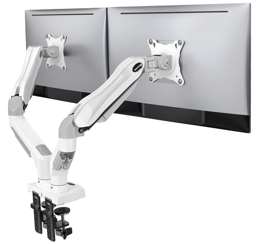 HUANUO Dual Monitor Stand - Full Adjustable Monitor Desk Mount Swivel Vesa Bracket with C Clamp, Grommet Mounting Base for 13 to 32 Inch Computer Screens - Each Arm Holds 4.4 to 19.8lbs - Whtie
