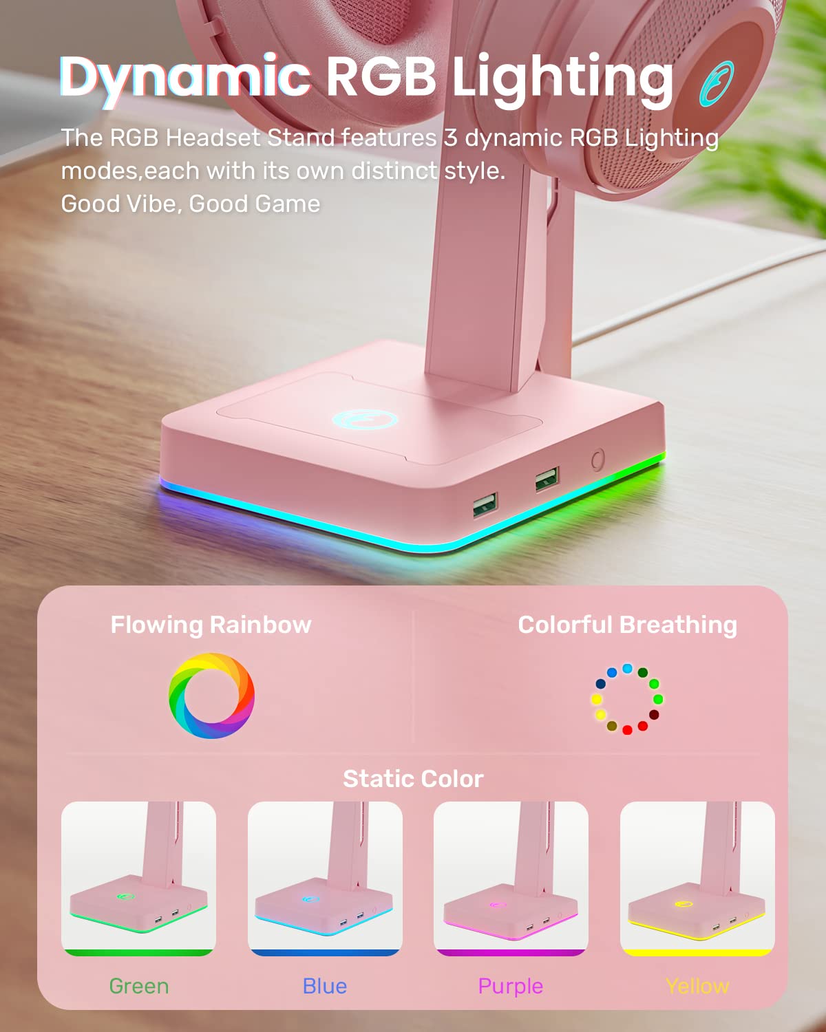 IFYOO RGB Gaming Headset Stand with 2 USB Ports, Game Headphone Mount for PC, Xbox One, PS4, Switch, Earphone Holder Hanger, Great for Gaming Stations, Fancy Desk Gamer Accessories, Pink