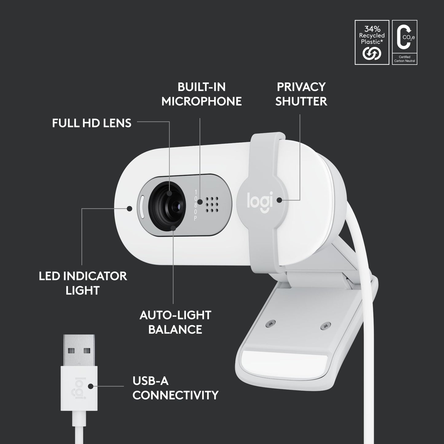 Logitech Brio 100 Full HD 1080p Webcam for Meetings and Streaming, Auto-Light Balance, Built-in Mic, Privacy Shutter, USB-A, for Microsoft Teams, Google Meet, Zoom and More - Off White