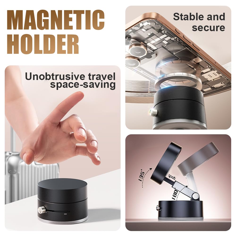 YAWOTA Electric Vacuum Magnetic Suction Phone Holder, 2025 Upgraded Foldable Portable Vacuum Magnetic Cell Phone Holder, Retractable Double Sided Magnetic Car Phone Holder for All Smartphones (Black)
