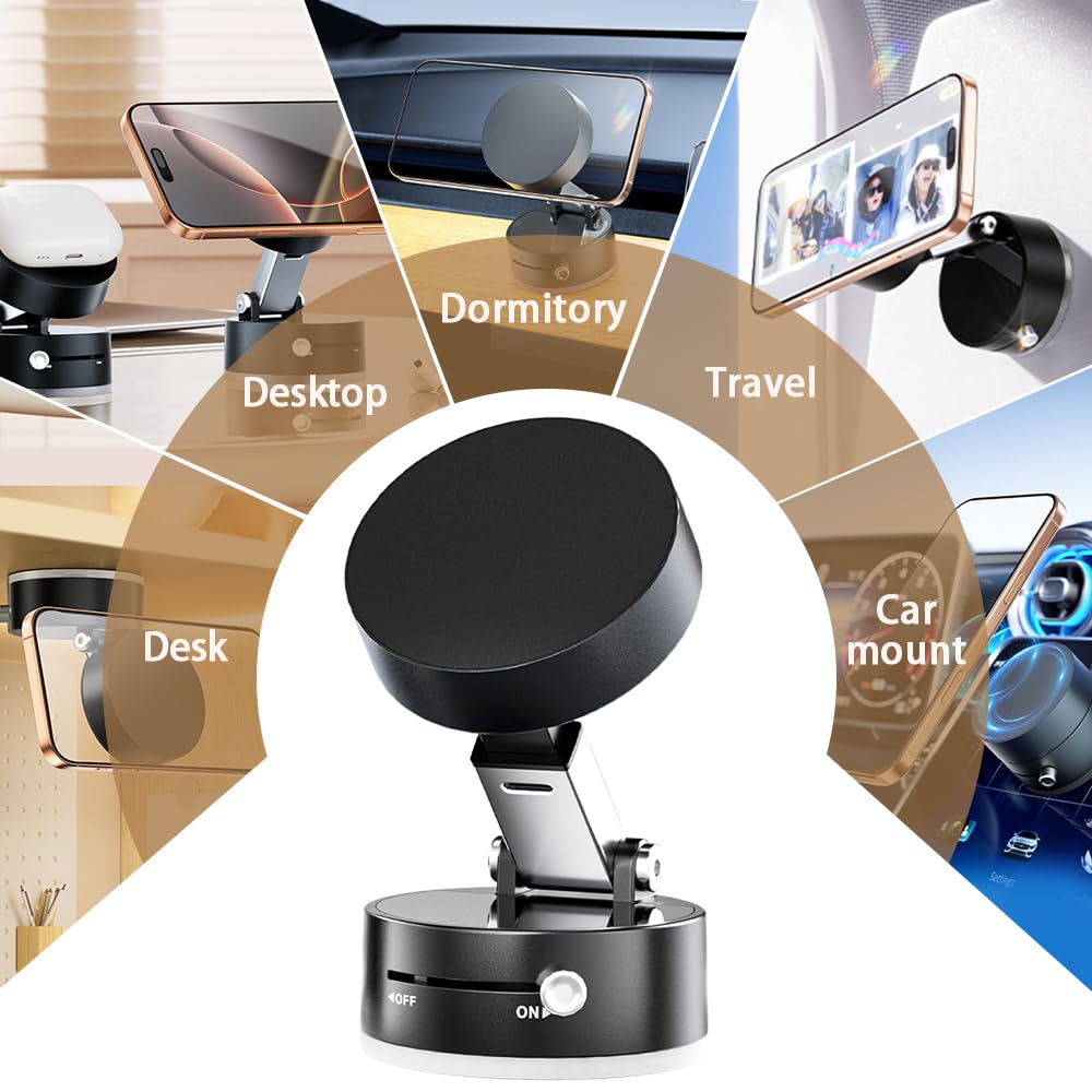 YAWOTA Electric Vacuum Magnetic Suction Phone Holder, 2025 Upgraded Foldable Portable Vacuum Magnetic Cell Phone Holder, Retractable Double Sided Magnetic Car Phone Holder for All Smartphones (Black)