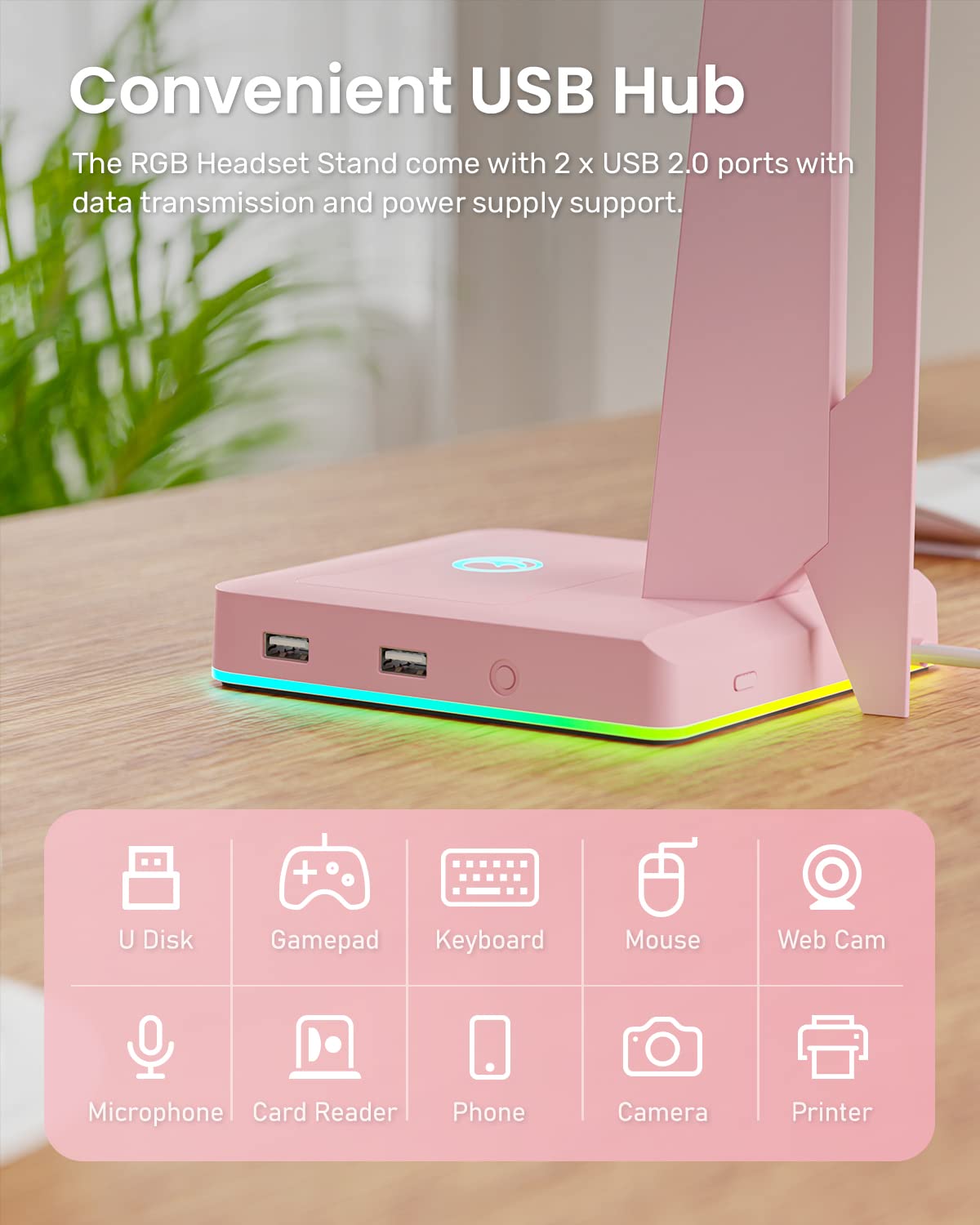 IFYOO RGB Gaming Headset Stand with 2 USB Ports, Game Headphone Mount for PC, Xbox One, PS4, Switch, Earphone Holder Hanger, Great for Gaming Stations, Fancy Desk Gamer Accessories, Pink
