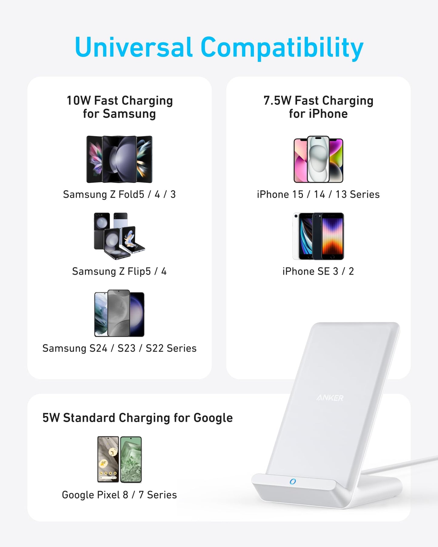 Anker 313 Wireless Charging Stand, Qi-Certified for iPhone 16/16 Pro/16 Pro Max/15/14/13, 10W Fast Charging for Galaxy S23/S22/S21 (No AC Adapter)