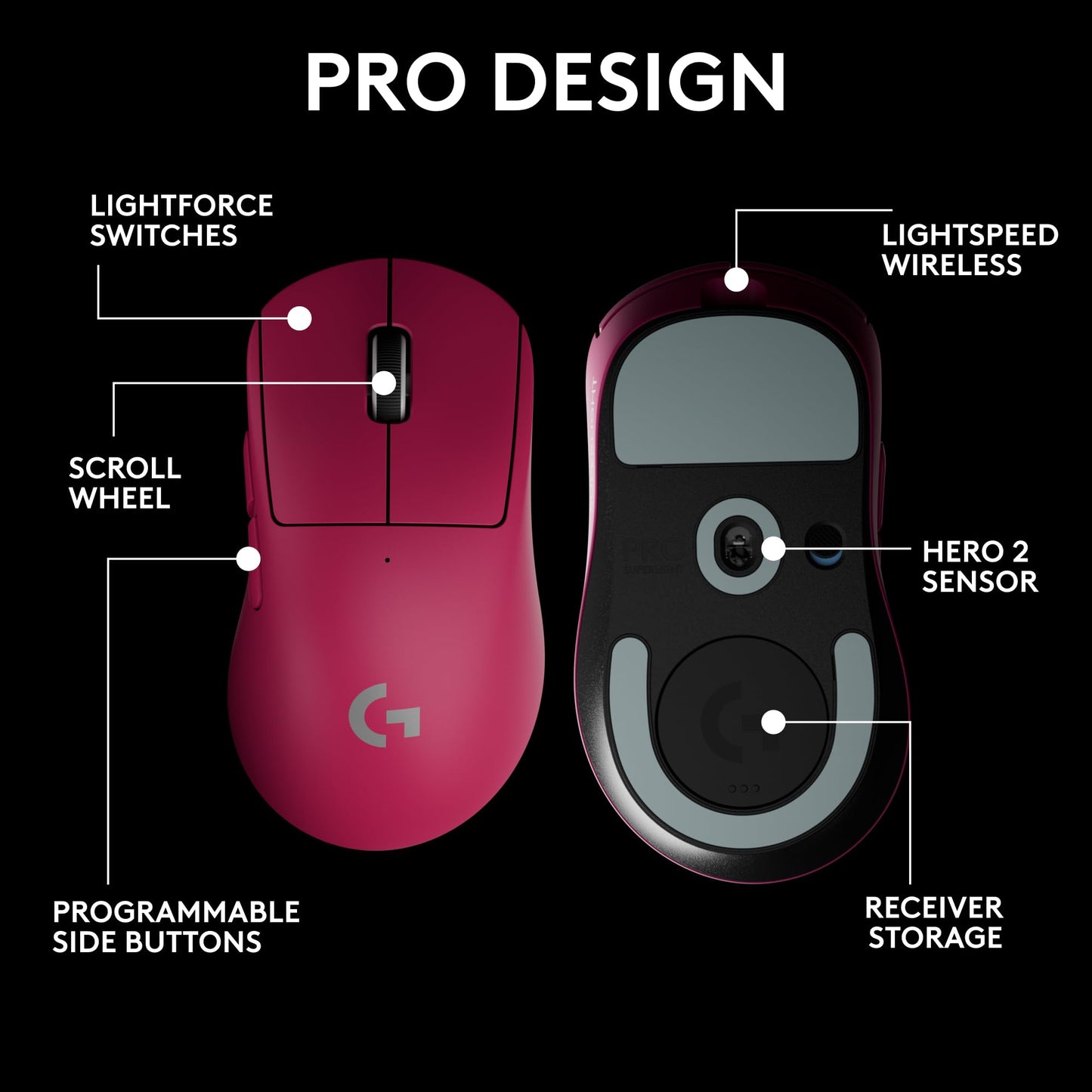 Logitech G PRO X Superlight 2 DEX Lightspeed Wireless Gaming Mouse, 60g Pro-Grade Lightweight Mouse with 5 Programmable Buttons, 44k DPI Sensor, USB-C Charging, for PC/Mac - Magenta