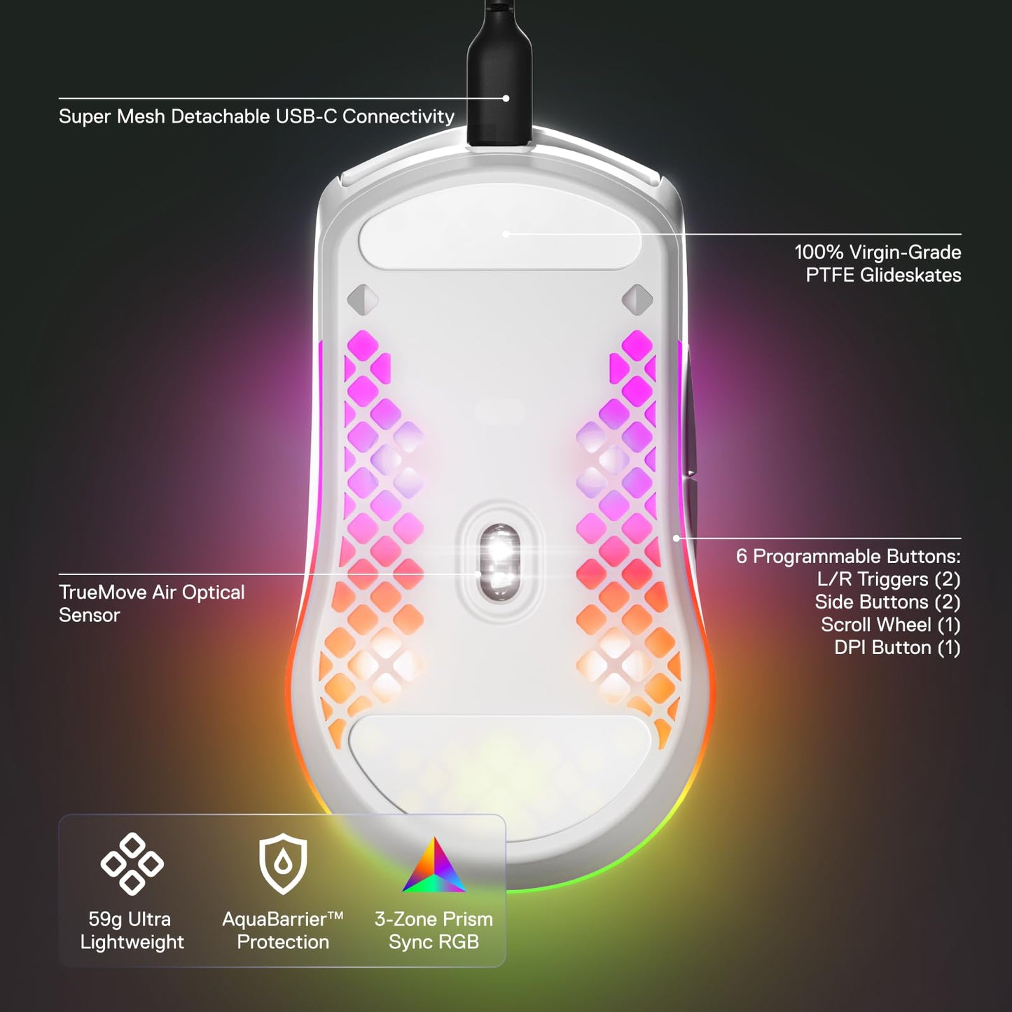 SteelSeries Aerox 3 - Holey RGB Gaming Mouse - Ultra-lightweight Water Resistant Design - 8,500 DPI TrueMove Core Optical Sensor - Snow
