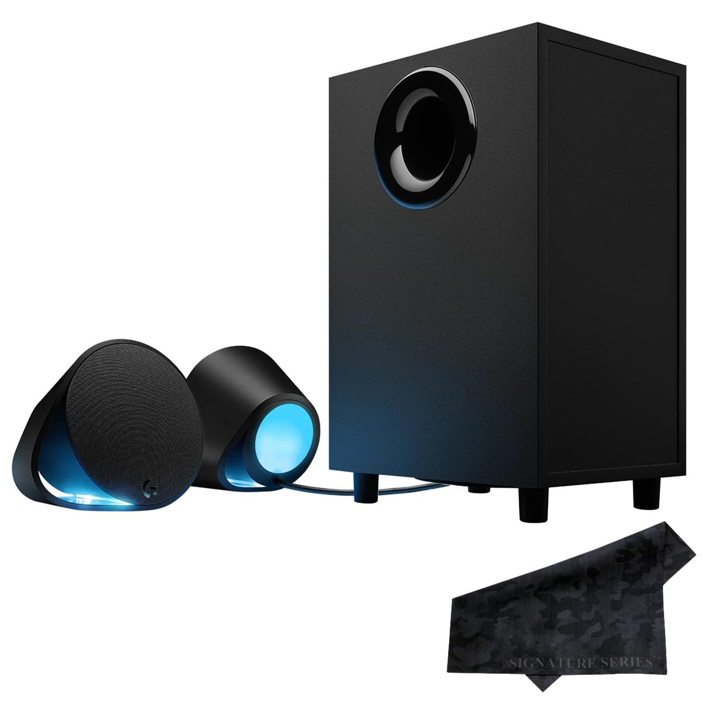Logitech G560 PC Gaming Speaker System | 2.1 DTS:X Ultra Positional Surround Sound, Immersive Game-Driven LIGHTSYNC RGB, Two Speakers and Subwoofer | with Signature Series Microfiber Cloth
