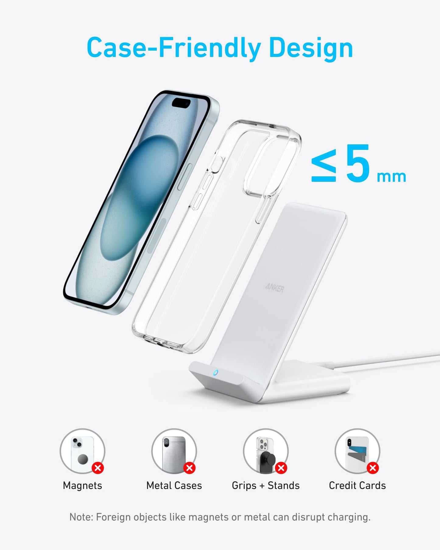 Anker 313 Wireless Charging Stand, Qi-Certified for iPhone 16/16 Pro/16 Pro Max/15/14/13, 10W Fast Charging for Galaxy S23/S22/S21 (No AC Adapter)