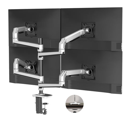 Ergounion Quad Monitor Mount, Holds Screens up to 40 Inches and 25 lbs, Fully Adjustable 4 Monitor Mount with C-Clamp and Grommet Base, Aluminum, Silver