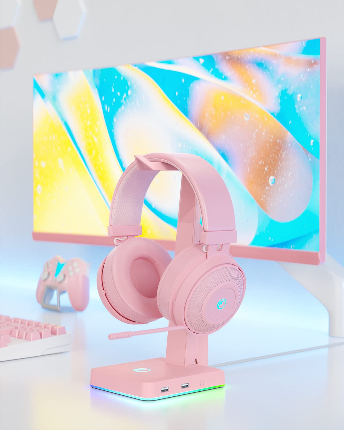IFYOO RGB Gaming Headset Stand with 2 USB Ports, Game Headphone Mount for PC, Xbox One, PS4, Switch, Earphone Holder Hanger, Great for Gaming Stations, Fancy Desk Gamer Accessories, Pink