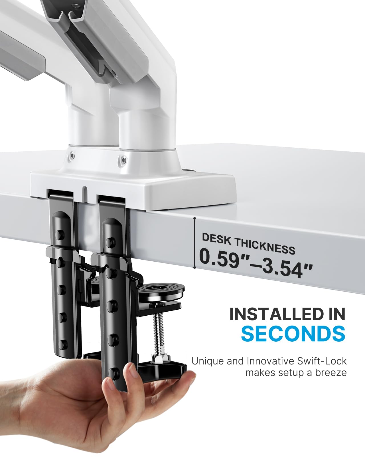 HUANUO Dual Monitor Stand - Full Adjustable Monitor Desk Mount Swivel Vesa Bracket with C Clamp, Grommet Mounting Base for 13 to 32 Inch Computer Screens - Each Arm Holds 4.4 to 19.8lbs - Whtie