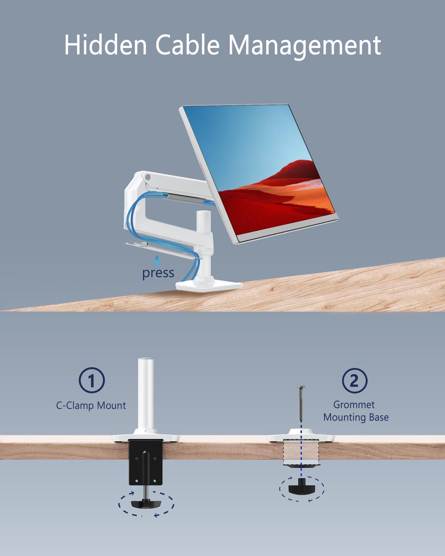 Ergounion Single Monitor Arm Desk Mount, Holds Screens up to 40 Inches and 25 lbs, Fully Adjustable Vesa Monitor Mount with C-Clamp and Grommet Base, Aluminum, White