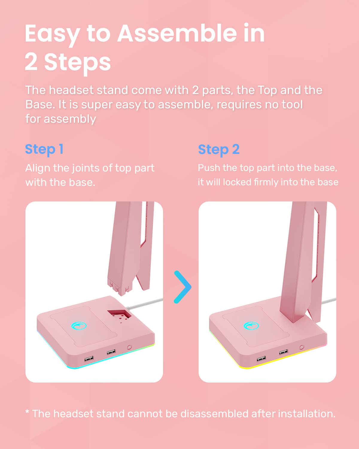 IFYOO RGB Gaming Headset Stand with 2 USB Ports, Game Headphone Mount for PC, Xbox One, PS4, Switch, Earphone Holder Hanger, Great for Gaming Stations, Fancy Desk Gamer Accessories, Pink