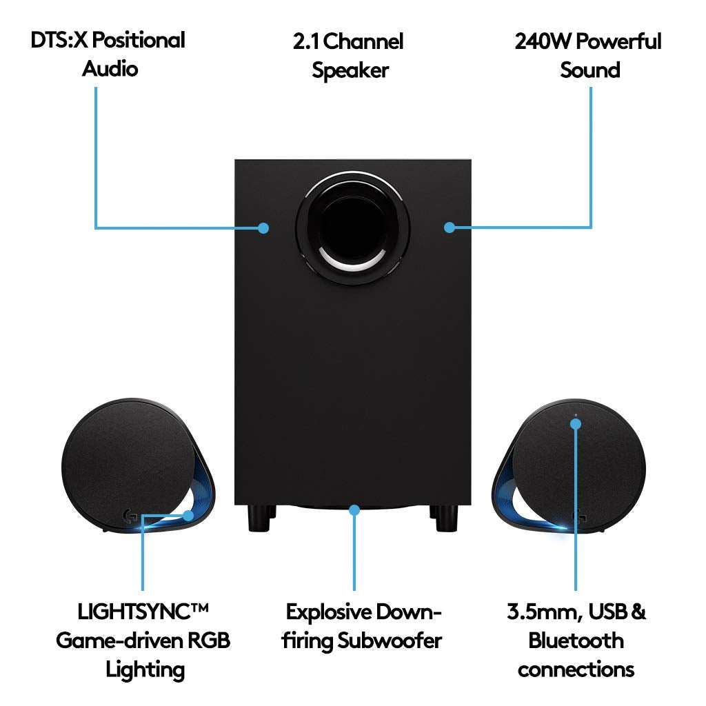 Logitech G560 PC Gaming Speaker System | 2.1 DTS:X Ultra Positional Surround Sound, Immersive Game-Driven LIGHTSYNC RGB, Two Speakers and Subwoofer | with Signature Series Microfiber Cloth