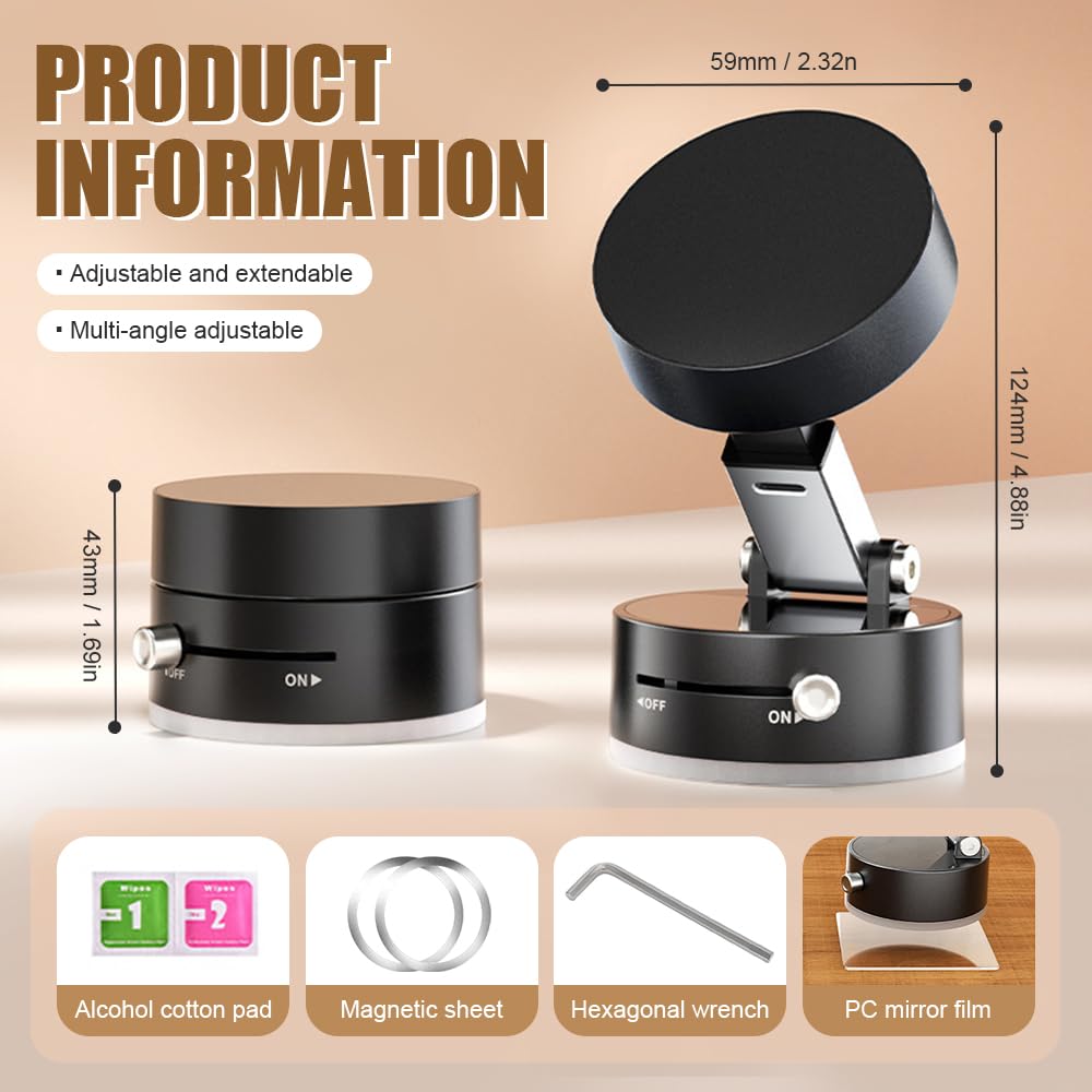 YAWOTA Electric Vacuum Magnetic Suction Phone Holder, 2025 Upgraded Foldable Portable Vacuum Magnetic Cell Phone Holder, Retractable Double Sided Magnetic Car Phone Holder for All Smartphones (Black)