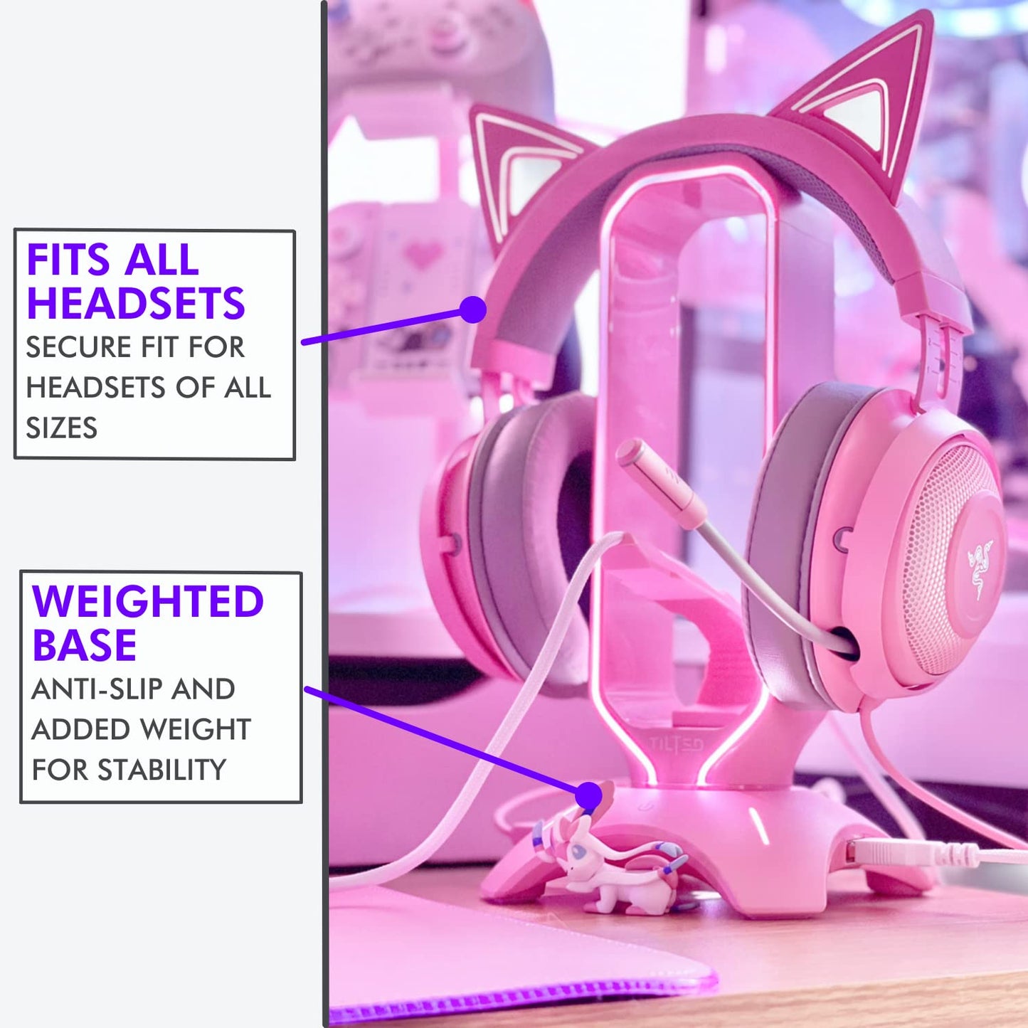 Tilted Nation Gaming Headphone Stand | Pink Headset Stand | RGB Headset Holder for Desk with Mouse Bungee and USB Hub | Cute Headphone Stand for Gamer Girl Accessories
