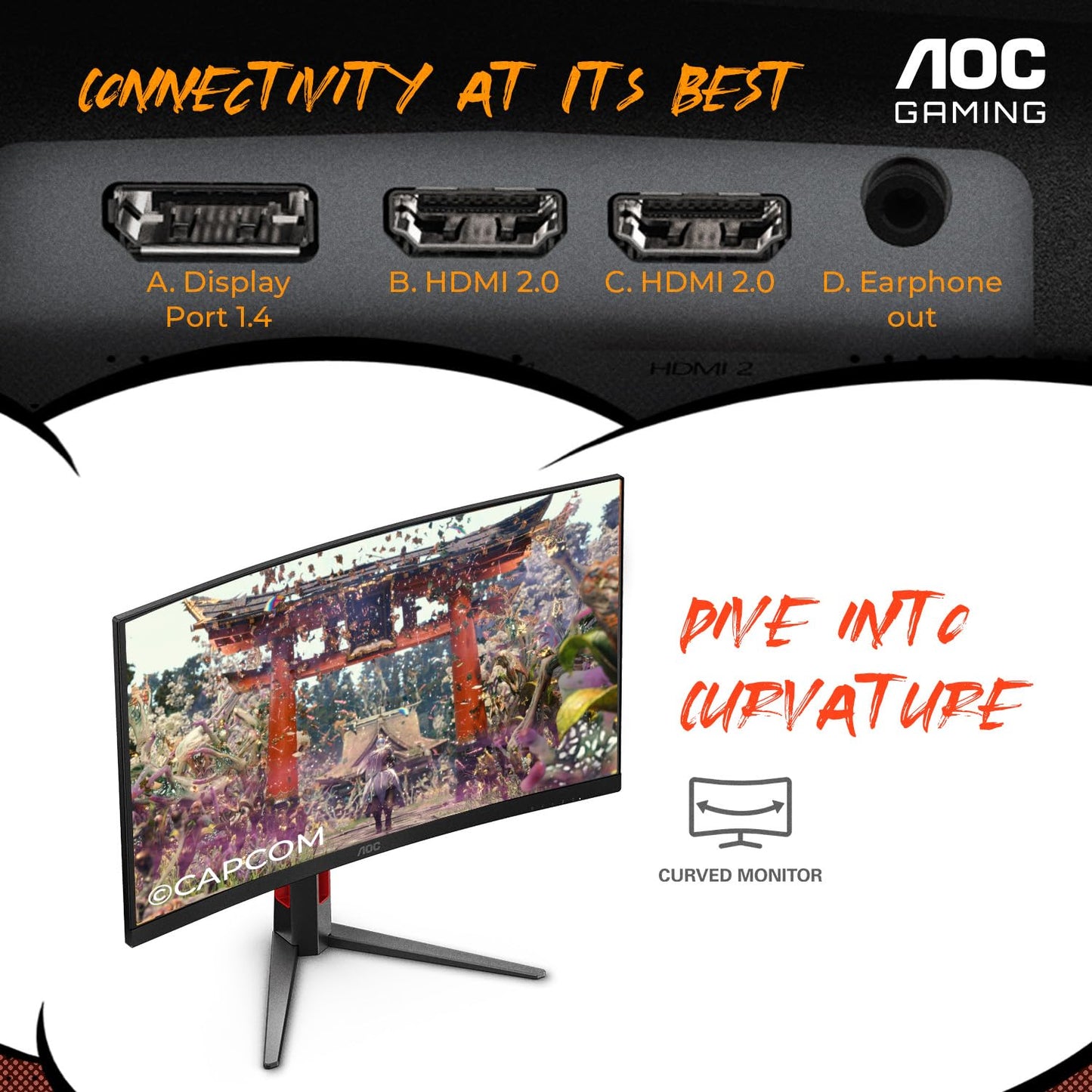 AOC C27G4ZH 27" Curved Frameless Ultra-Fast Gaming Monitor, FHD 1080p, 0.3ms 280Hz, HDMI/DP, Height Adjustable, 3-Year Zero Dead Pixel Guarantee, Black, Xbox PS5 Switch Compatible