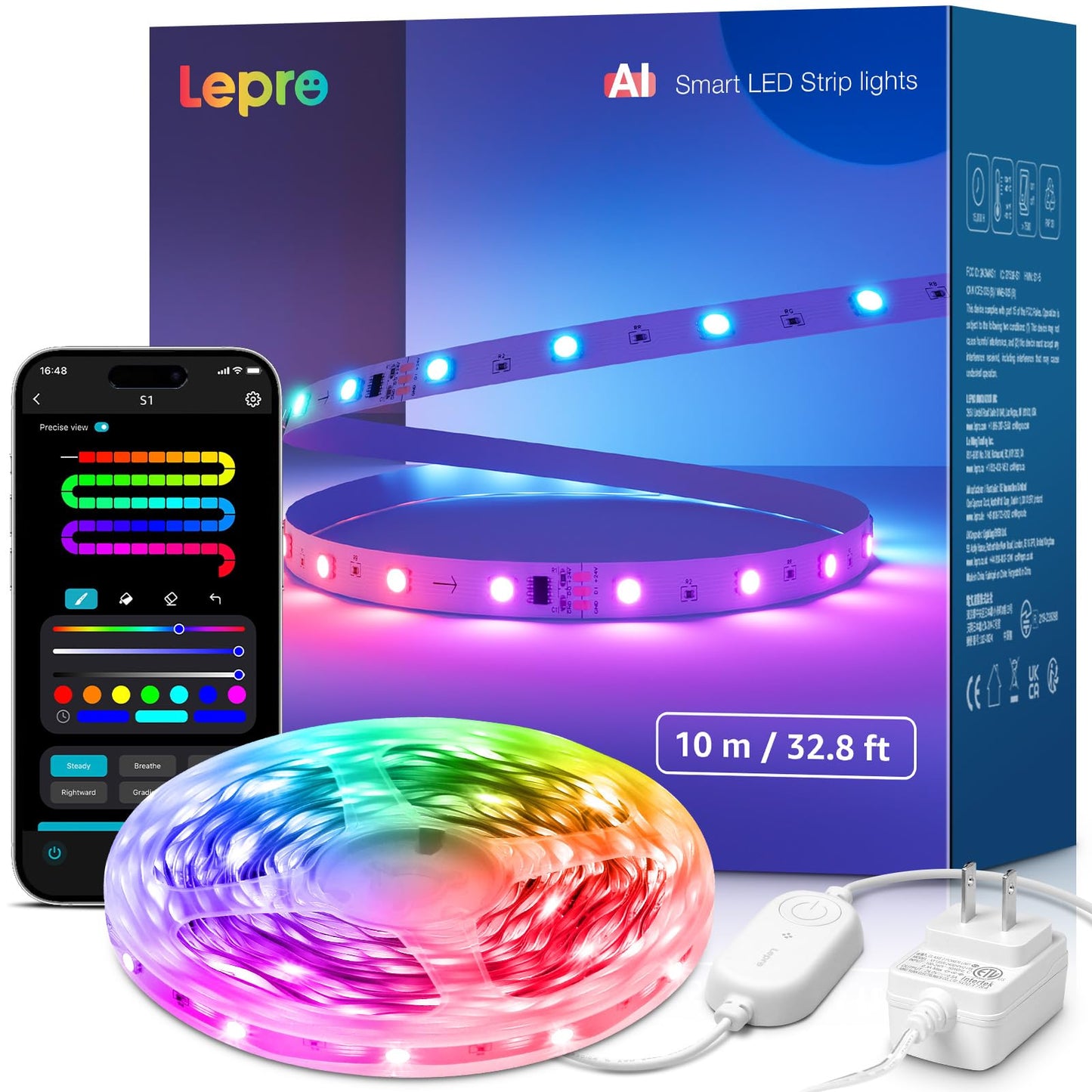 Lepro S1 AI LED Strip Lights for Bedroom - 32.8ft Smart RGB Light Strips with IC and Rainbow Chasing Effects, Color Segment DIY, AI Generated Lighting for New Year, No Remote, 2.4G Wi-Fi & Bluetooth