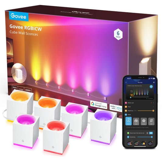 Govee Cube Wall Sconces, RGBIC LED Wall Light Works with Alexa, WiFi Smart Lights for Room Decor, Color Changing Indoor Light Fixture for Bedroom Dining Room, Music Sync, Adjustable Cables, 15ft