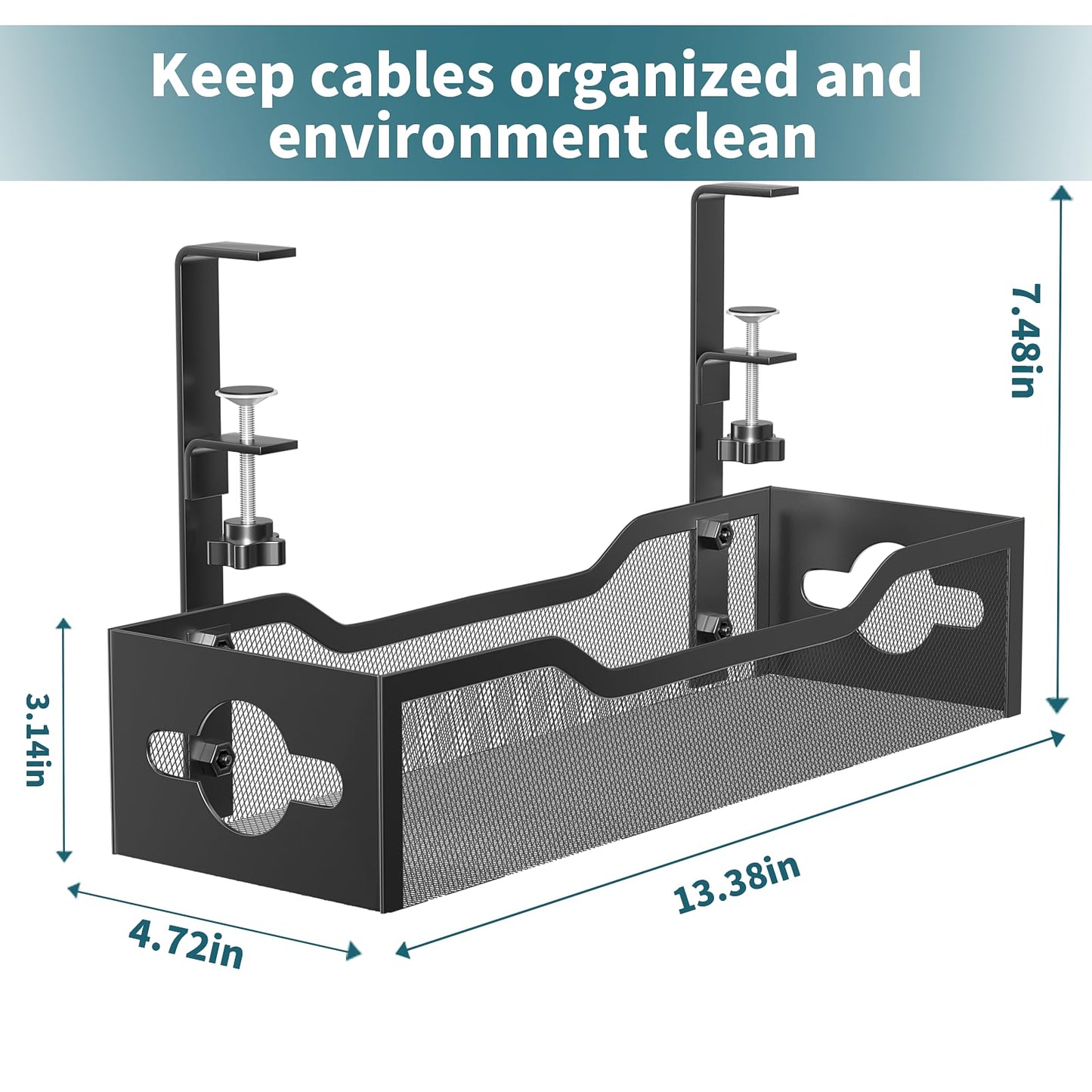 Under Desk Cable Management Tray No Drill, Metal Mesh Cable Management Under Desk with Clamp Mount, 2 Hole Cable Tray with Desk Wire Management and Desk Cord Organizer for Home Office Standing Desk
