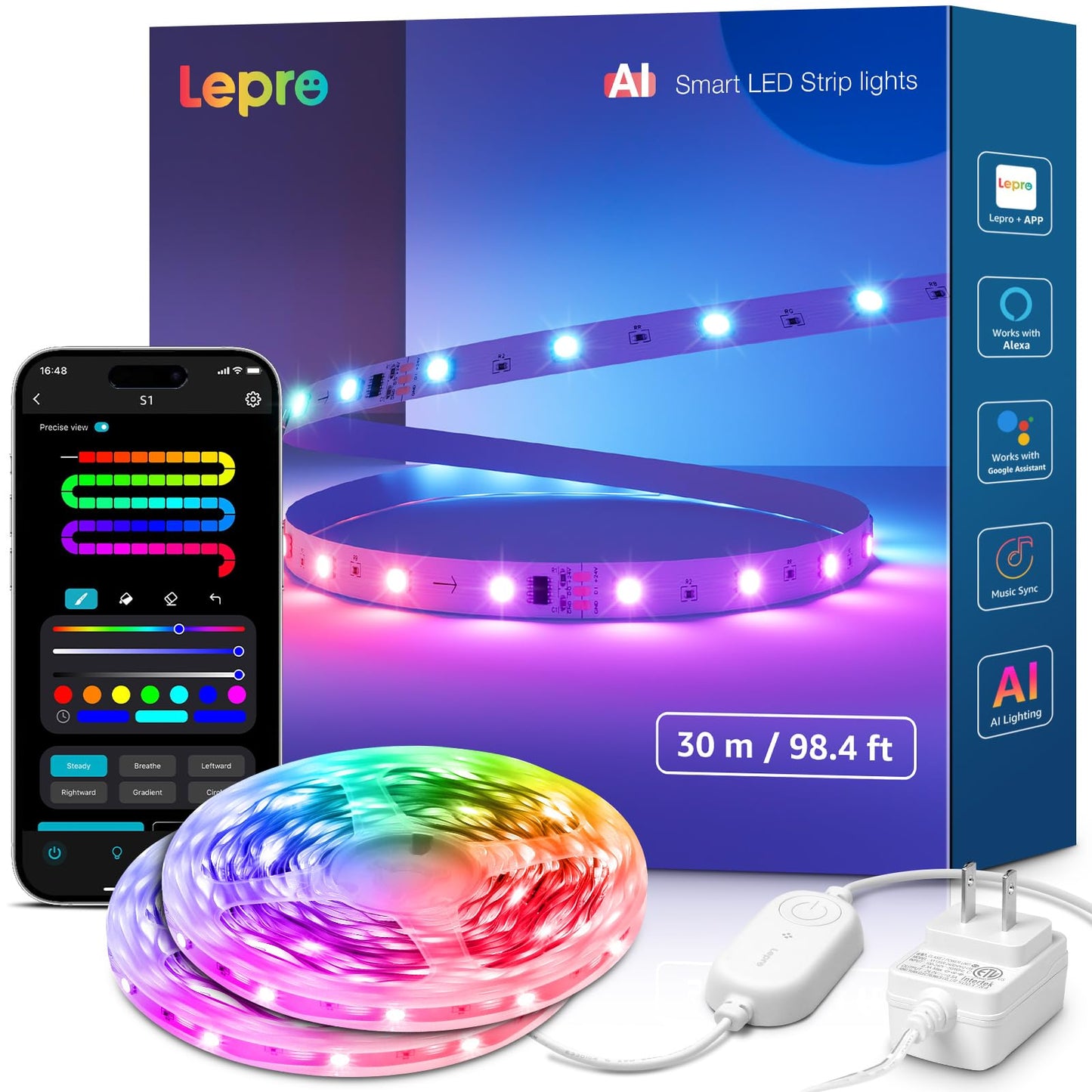 Lepro S1 AI LED Strip Lights for Bedroom - 100ft(2 Rolls of 50ft) Smart RGB Light Strips with IC and Rainbow Chasing Effects, AI Generated Lighting for New Year, No Remote, 2.4G Wi-Fi & Bluetooth