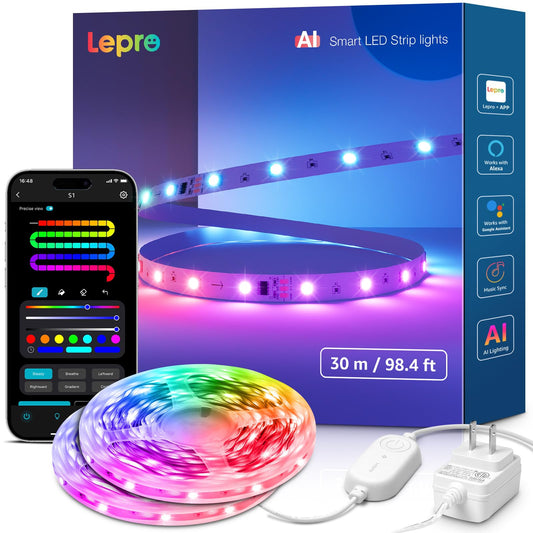 Lepro S1 AI LED Strip Lights for Bedroom - 100ft(2 Rolls of 50ft) Smart RGB Light Strips with IC and Rainbow Chasing Effects, AI Generated Lighting for New Year, No Remote, 2.4G Wi-Fi & Bluetooth