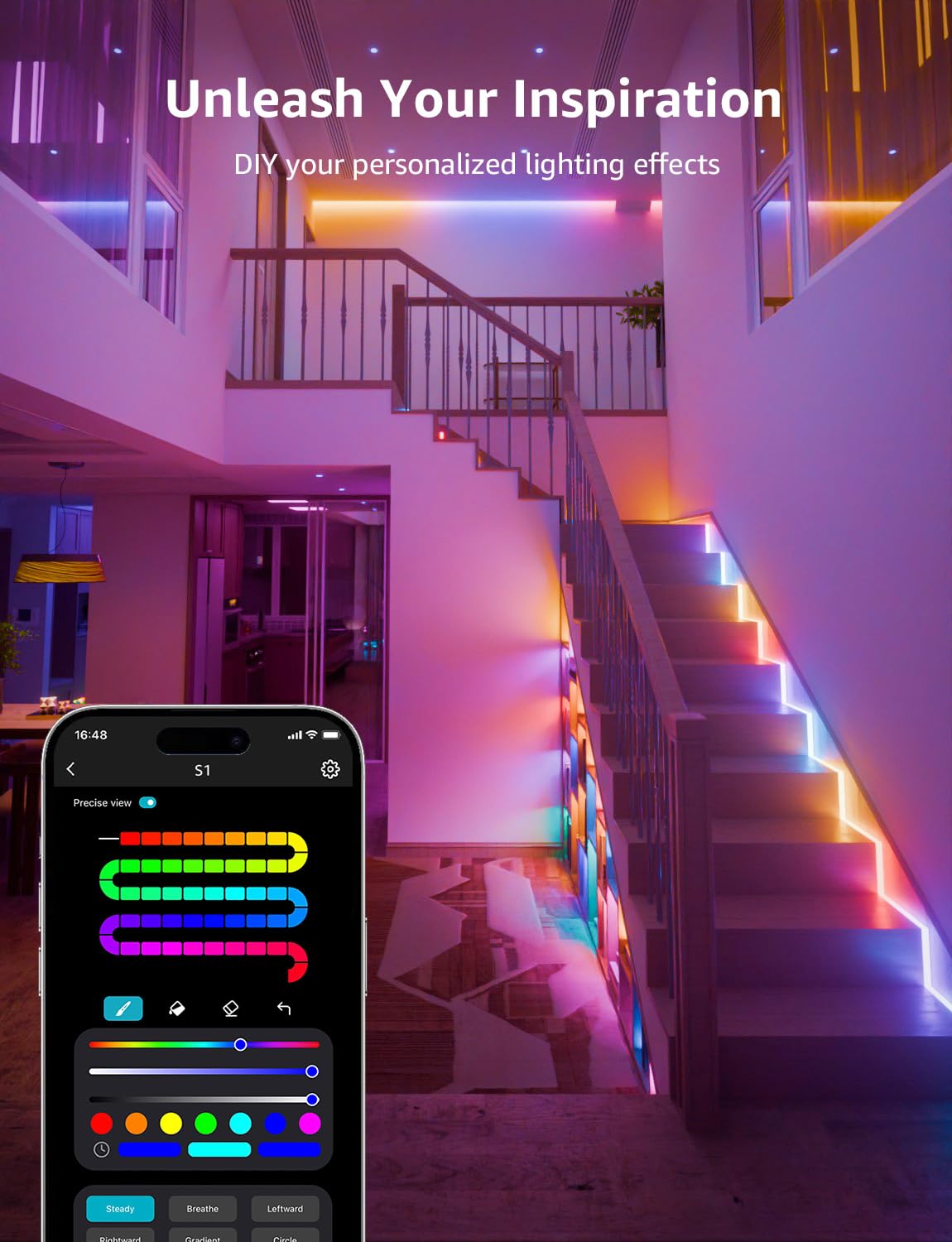 Lepro S1 AI LED Strip Lights for Bedroom - 100ft(2 Rolls of 50ft) Smart RGB Light Strips with IC and Rainbow Chasing Effects, AI Generated Lighting for New Year, No Remote, 2.4G Wi-Fi & Bluetooth