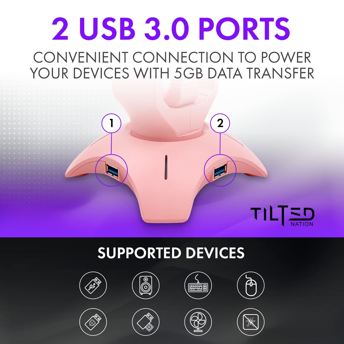 Tilted Nation Gaming Headphone Stand | Pink Headset Stand | RGB Headset Holder for Desk with Mouse Bungee and USB Hub | Cute Headphone Stand for Gamer Girl Accessories
