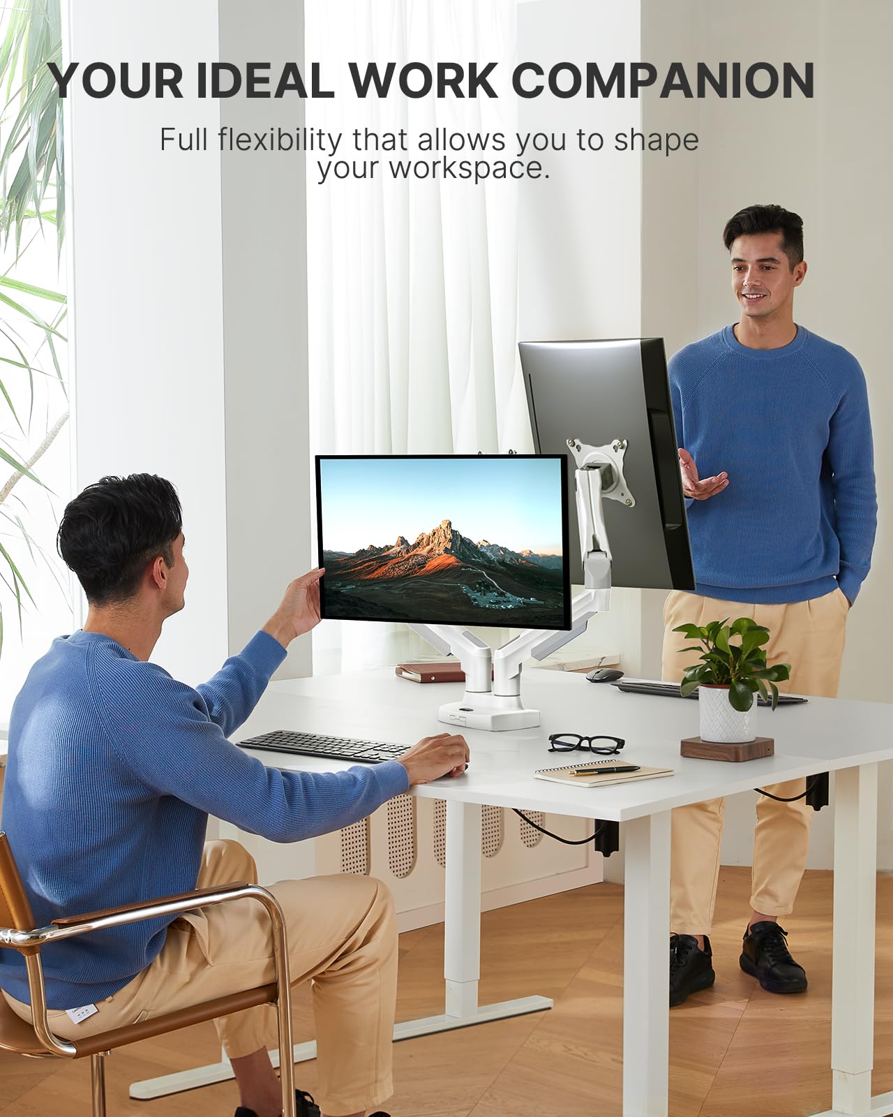 HUANUO Dual Monitor Stand - Full Adjustable Monitor Desk Mount Swivel Vesa Bracket with C Clamp, Grommet Mounting Base for 13 to 32 Inch Computer Screens - Each Arm Holds 4.4 to 19.8lbs - Whtie