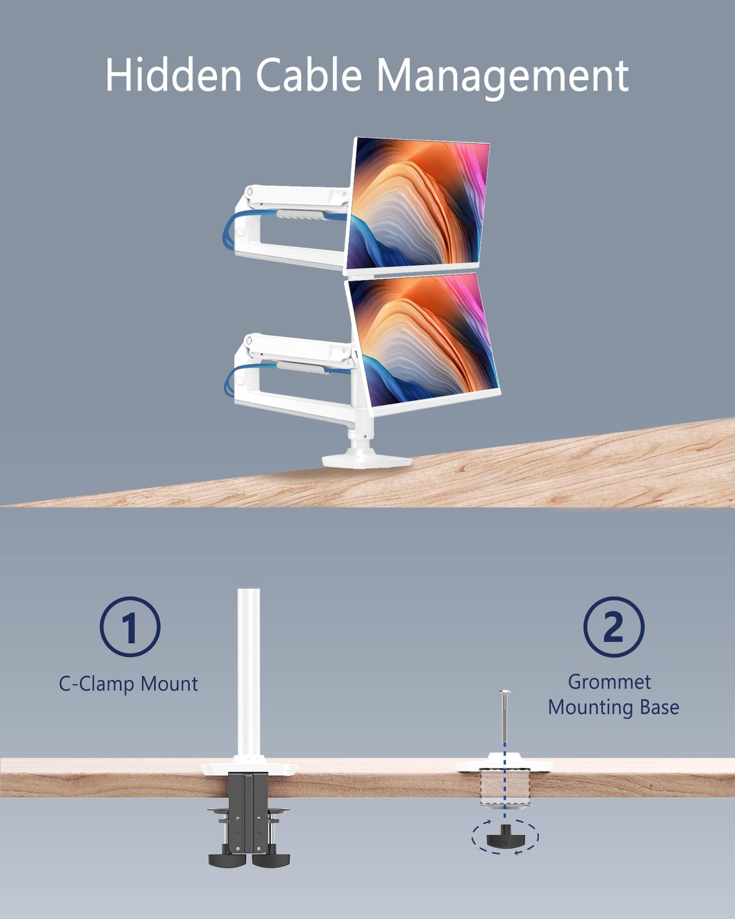 Ergounion Dual Monitor Mount, Holds Screens up to 40 Inches and 25 lbs, Fully Adjustable Dual Monitor Arm with C-Clamp and Grommet Base, Aluminum, White