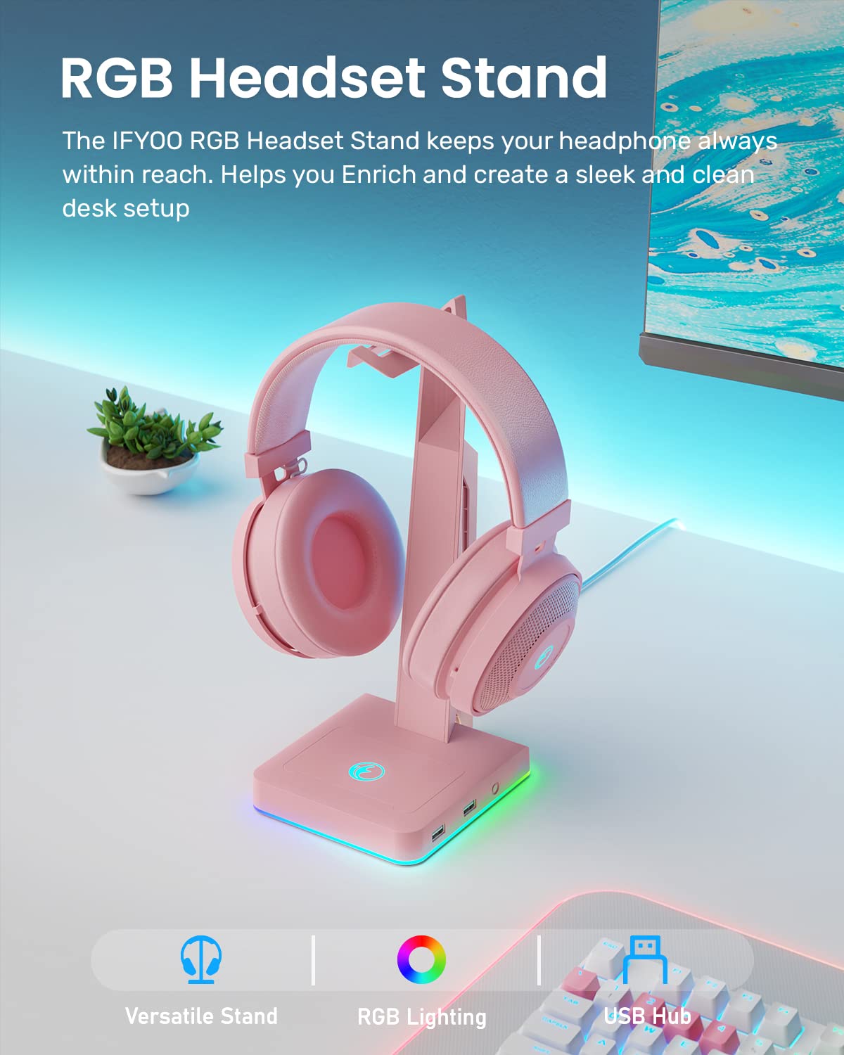 IFYOO RGB Gaming Headset Stand with 2 USB Ports, Game Headphone Mount for PC, Xbox One, PS4, Switch, Earphone Holder Hanger, Great for Gaming Stations, Fancy Desk Gamer Accessories, Pink
