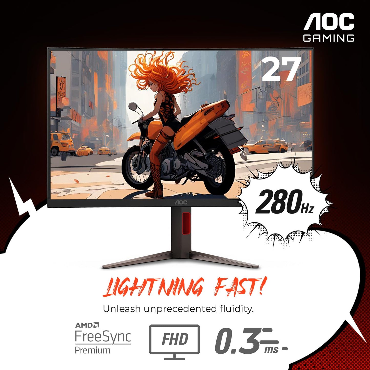 AOC C27G4ZH 27" Curved Frameless Ultra-Fast Gaming Monitor, FHD 1080p, 0.3ms 280Hz, HDMI/DP, Height Adjustable, 3-Year Zero Dead Pixel Guarantee, Black, Xbox PS5 Switch Compatible