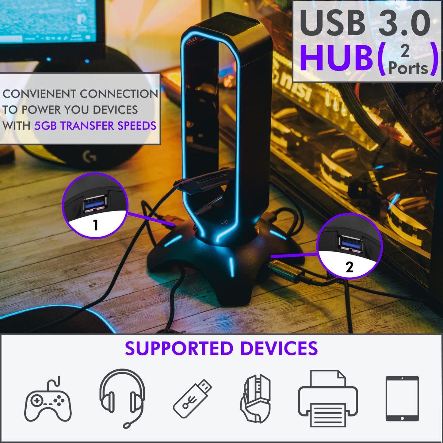 Tilted Nation RGB Headset Stand and Gaming Headphone Stand for Desk Display with Mouse Bungee Cord Holder with USB 3.0 Hub for Xbox, PS5, PC - Perfect Gaming Accessories Gift