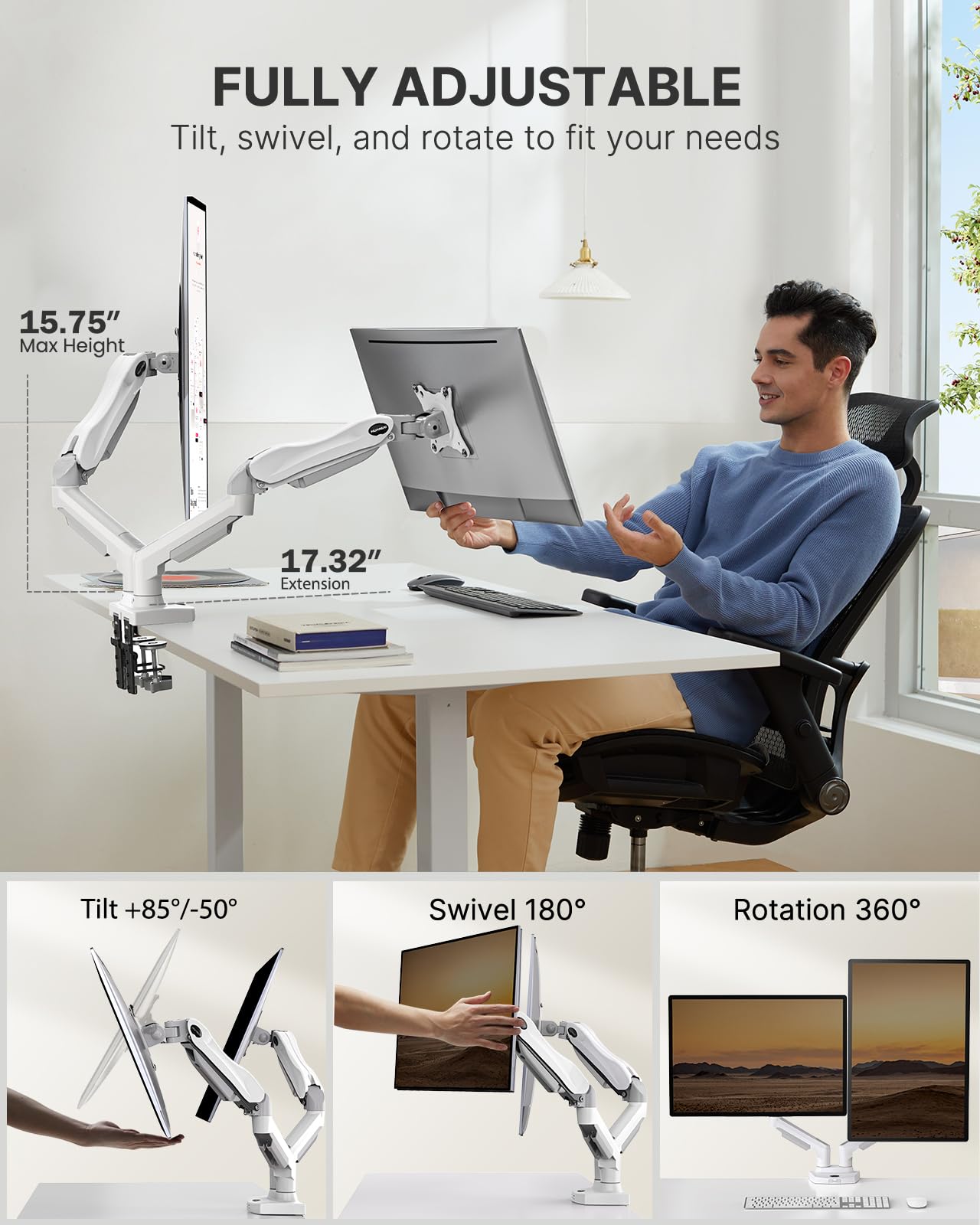 HUANUO Dual Monitor Stand - Full Adjustable Monitor Desk Mount Swivel Vesa Bracket with C Clamp, Grommet Mounting Base for 13 to 32 Inch Computer Screens - Each Arm Holds 4.4 to 19.8lbs - Whtie
