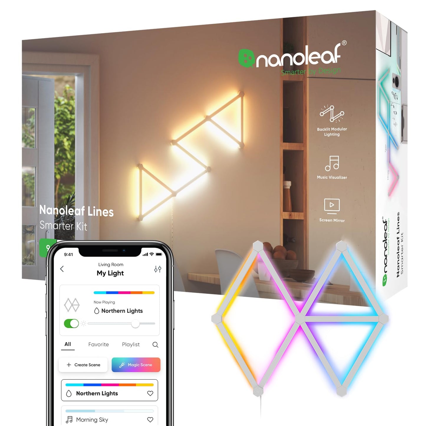 Nanoleaf Lines WiFi Smart RGBW 16M+ Color LED Dimmable Gaming and Home Decor Wall Lights Starter Kit (9 LED Light Lines)