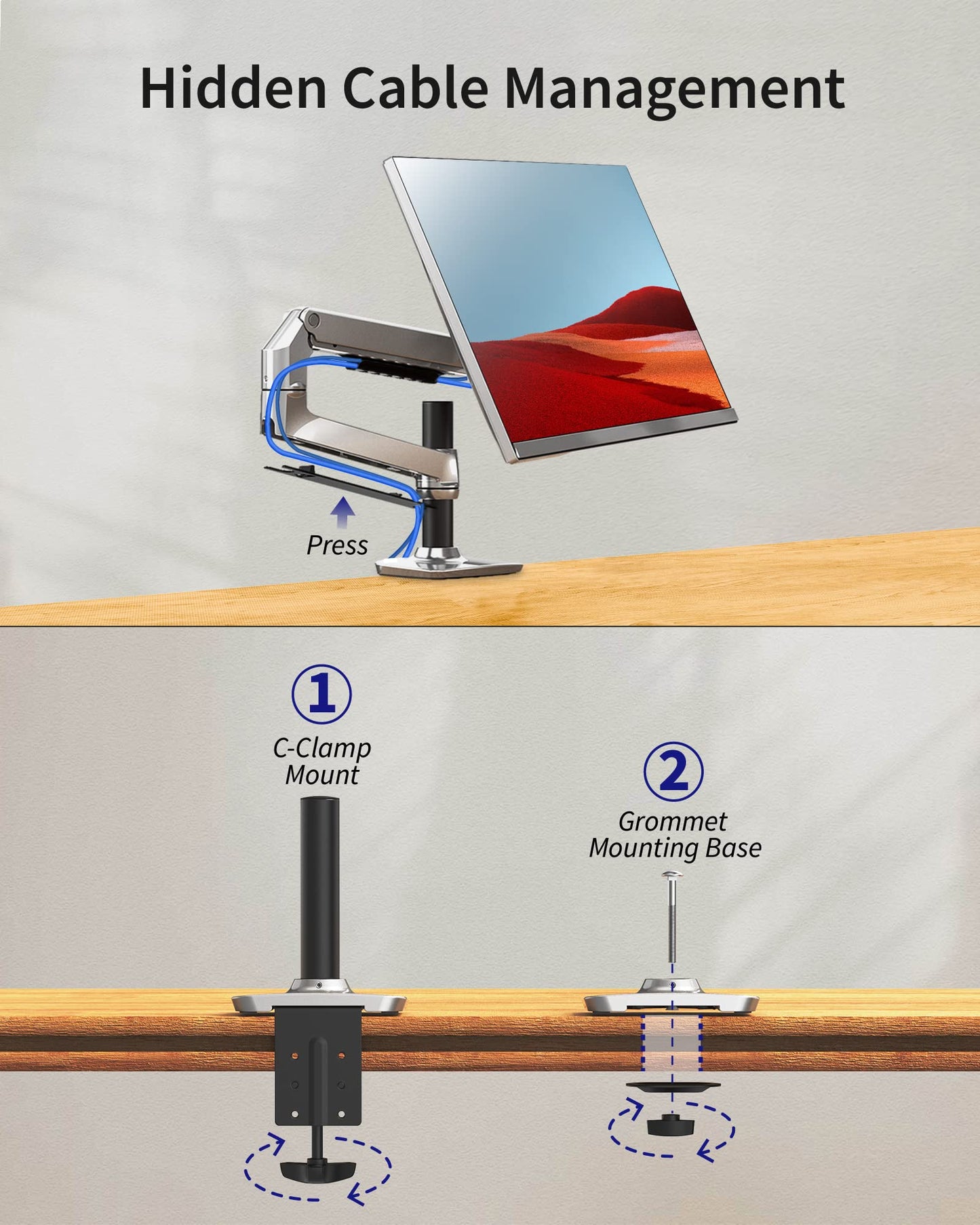 Ergounion Single Monitor Arm Desk Mount, Holds Screens up to 40 Inches and 25 lbs, Fully Adjustable Vesa Monitor Mount with C-Clamp and Grommet Base, Aluminum, Silver