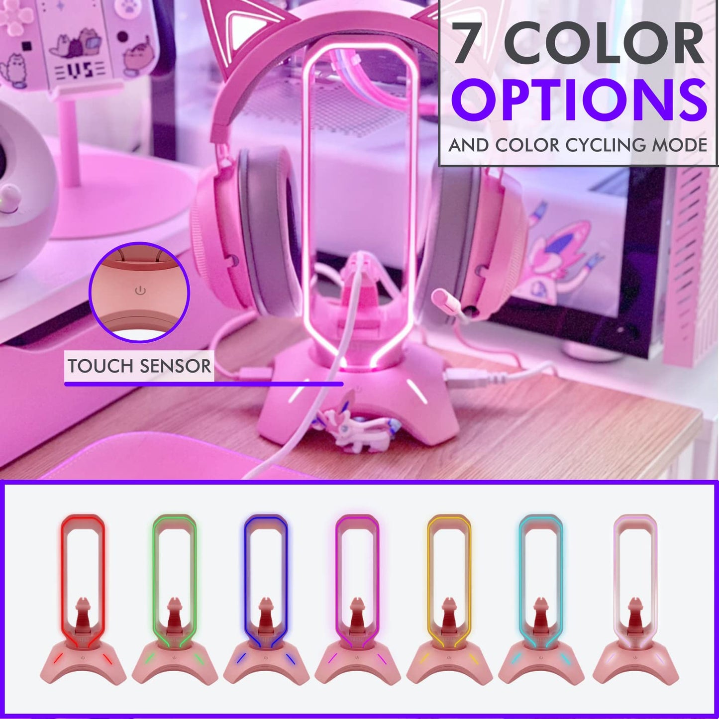 Tilted Nation Gaming Headphone Stand | Pink Headset Stand | RGB Headset Holder for Desk with Mouse Bungee and USB Hub | Cute Headphone Stand for Gamer Girl Accessories