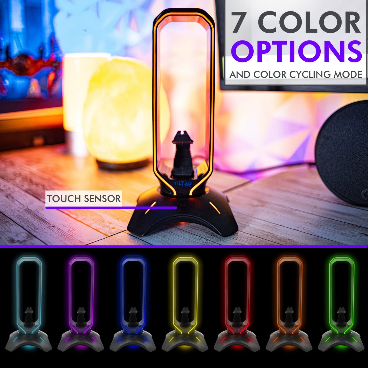 Tilted Nation RGB Headset Stand and Gaming Headphone Stand for Desk Display with Mouse Bungee Cord Holder with USB 3.0 Hub for Xbox, PS5, PC - Perfect Gaming Accessories Gift