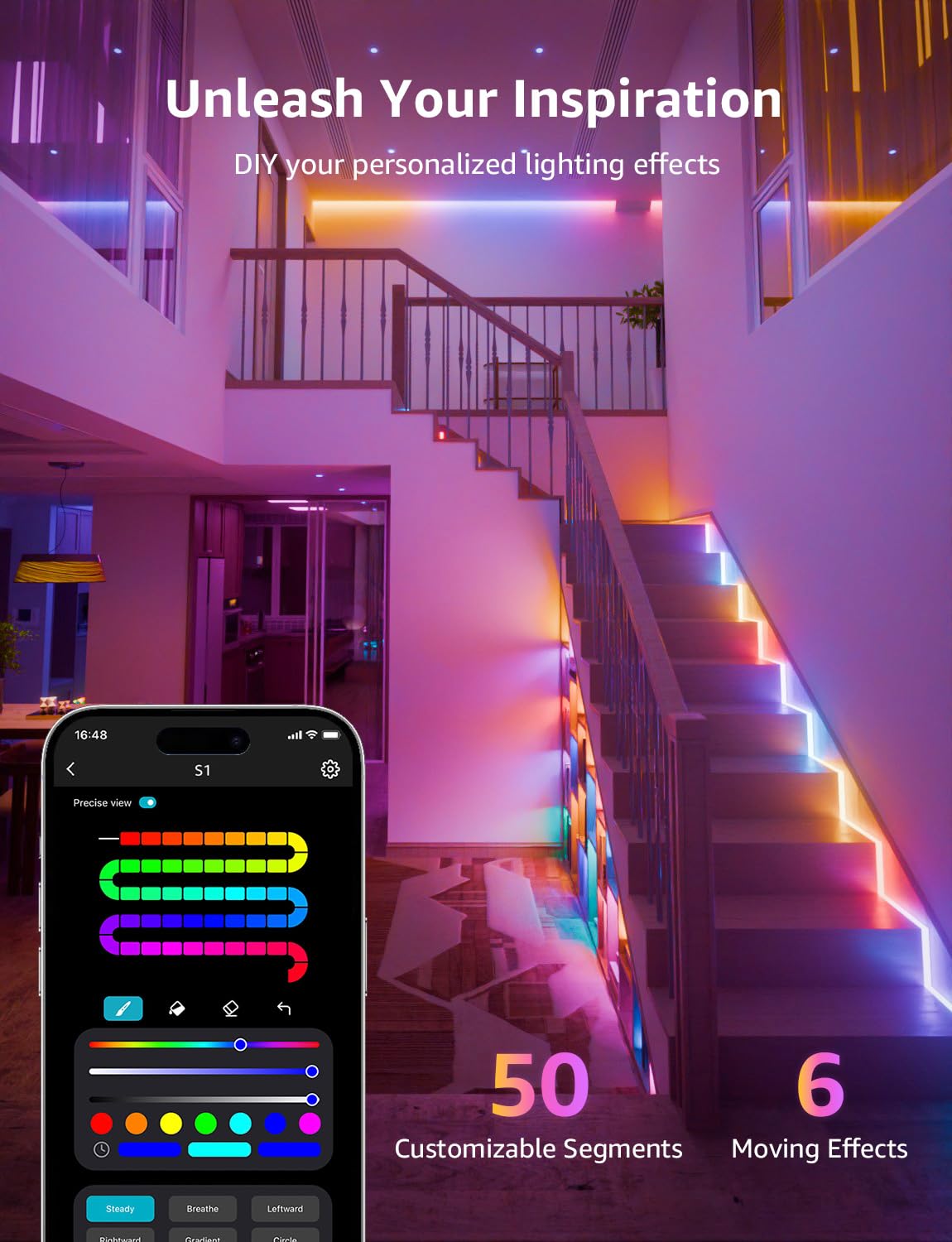 Lepro S1 AI LED Strip Lights for Bedroom - 32.8ft Smart RGB Light Strips with IC and Rainbow Chasing Effects, Color Segment DIY, AI Generated Lighting for New Year, No Remote, 2.4G Wi-Fi & Bluetooth