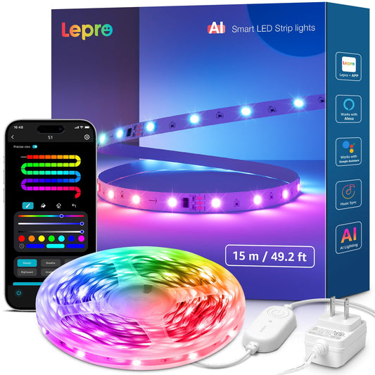 Lepro S1 AI LED Strip Lights for Bedroom - 50ft Smart RGB Light Strips with IC and Rainbow Chasing Effects, Color Segment DIY, AI Generated Lighting for New Year, No Remote, 2.4G Wi-Fi & Bluetooth