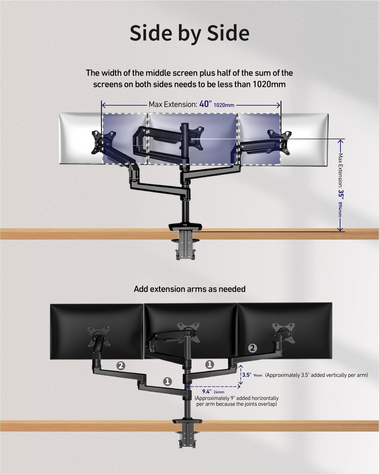 Ergounion Triple Monitor Mount, Holds Screens up to 40 Inches and 25 lbs, Fully Adjustable 3 Monitor Desk Mount with C-Clamp and Grommet Base, Aluminum, Black