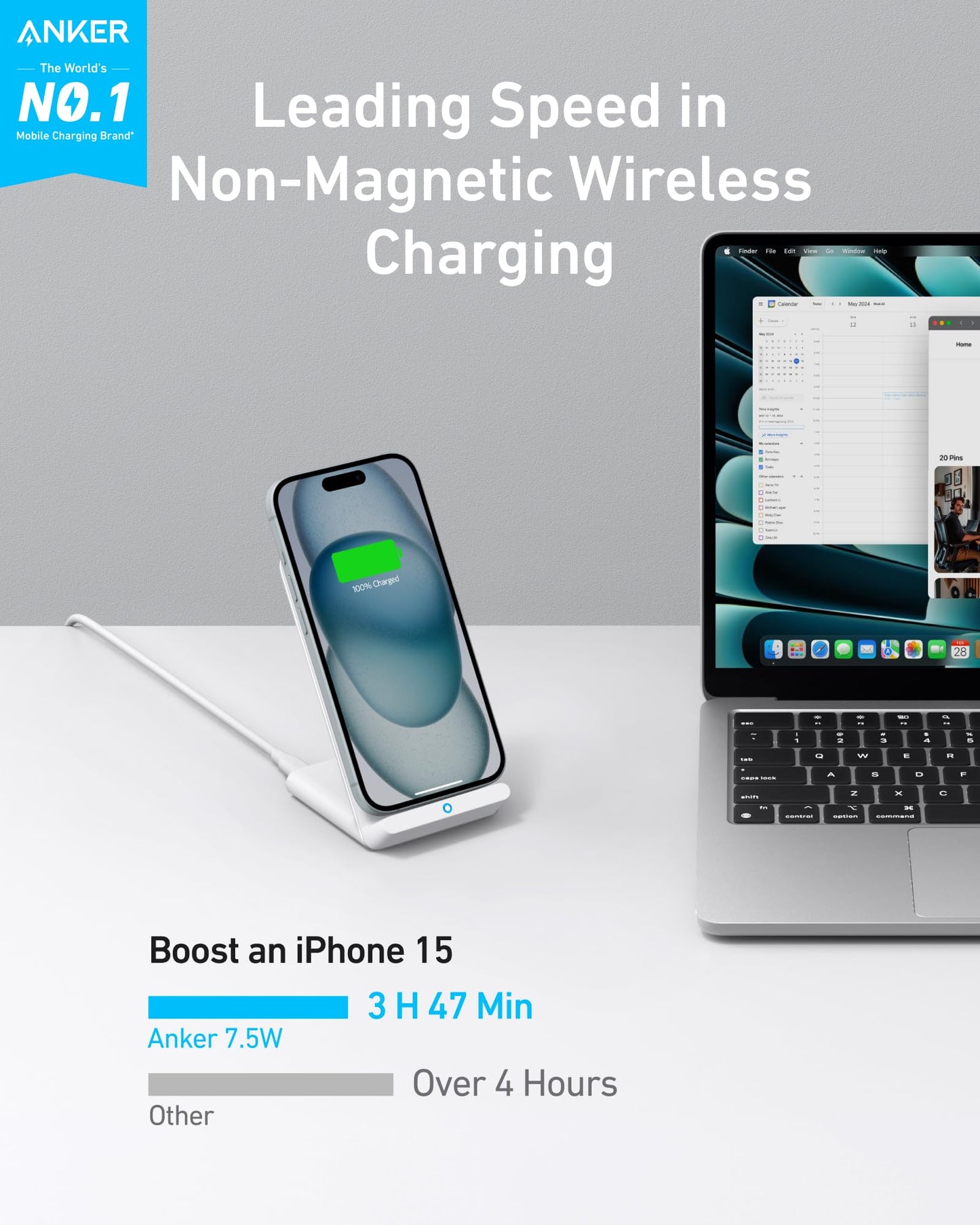Anker 313 Wireless Charging Stand, Qi-Certified for iPhone 16/16 Pro/16 Pro Max/15/14/13, 10W Fast Charging for Galaxy S23/S22/S21 (No AC Adapter)