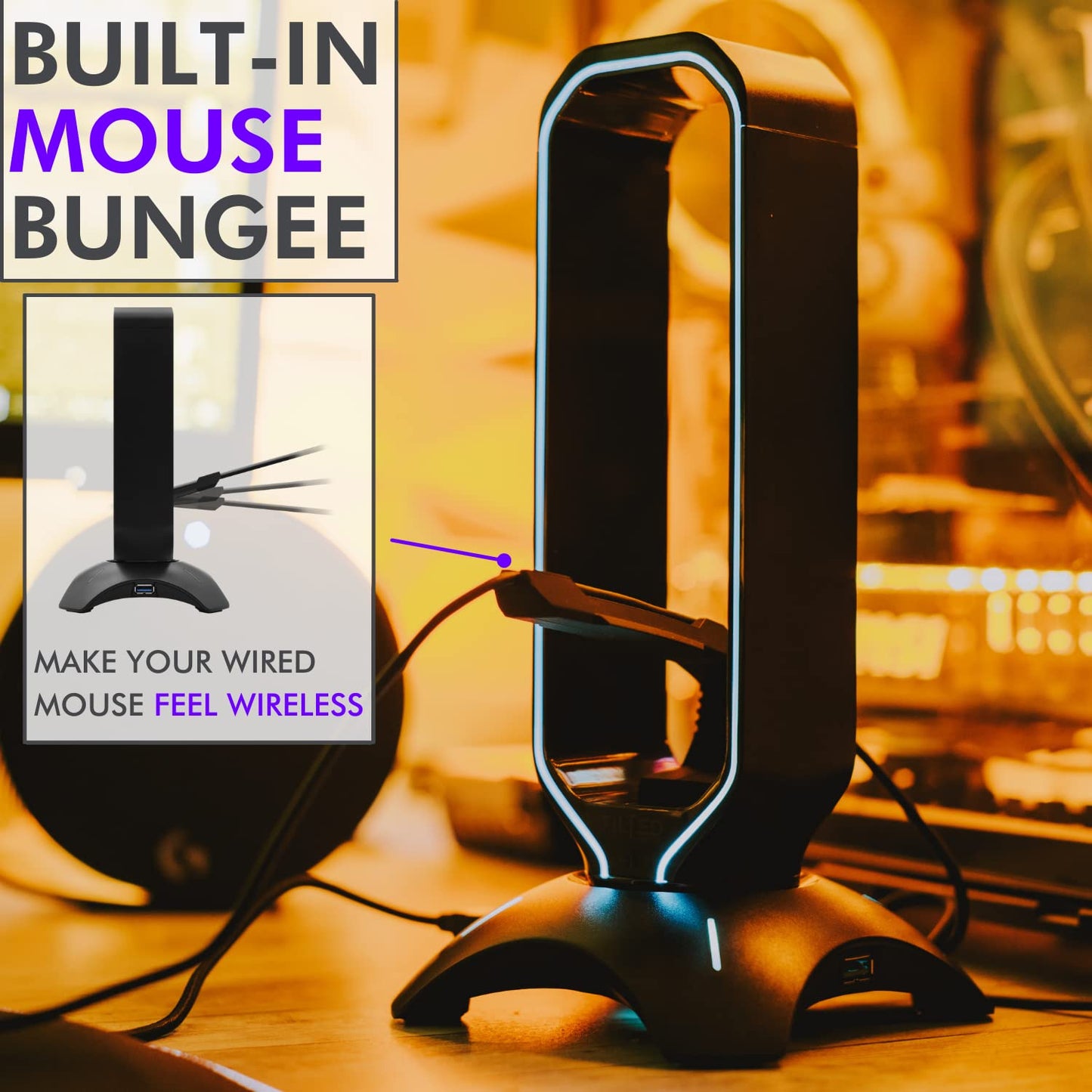 Tilted Nation RGB Headset Stand and Gaming Headphone Stand for Desk Display with Mouse Bungee Cord Holder with USB 3.0 Hub for Xbox, PS5, PC - Perfect Gaming Accessories Gift
