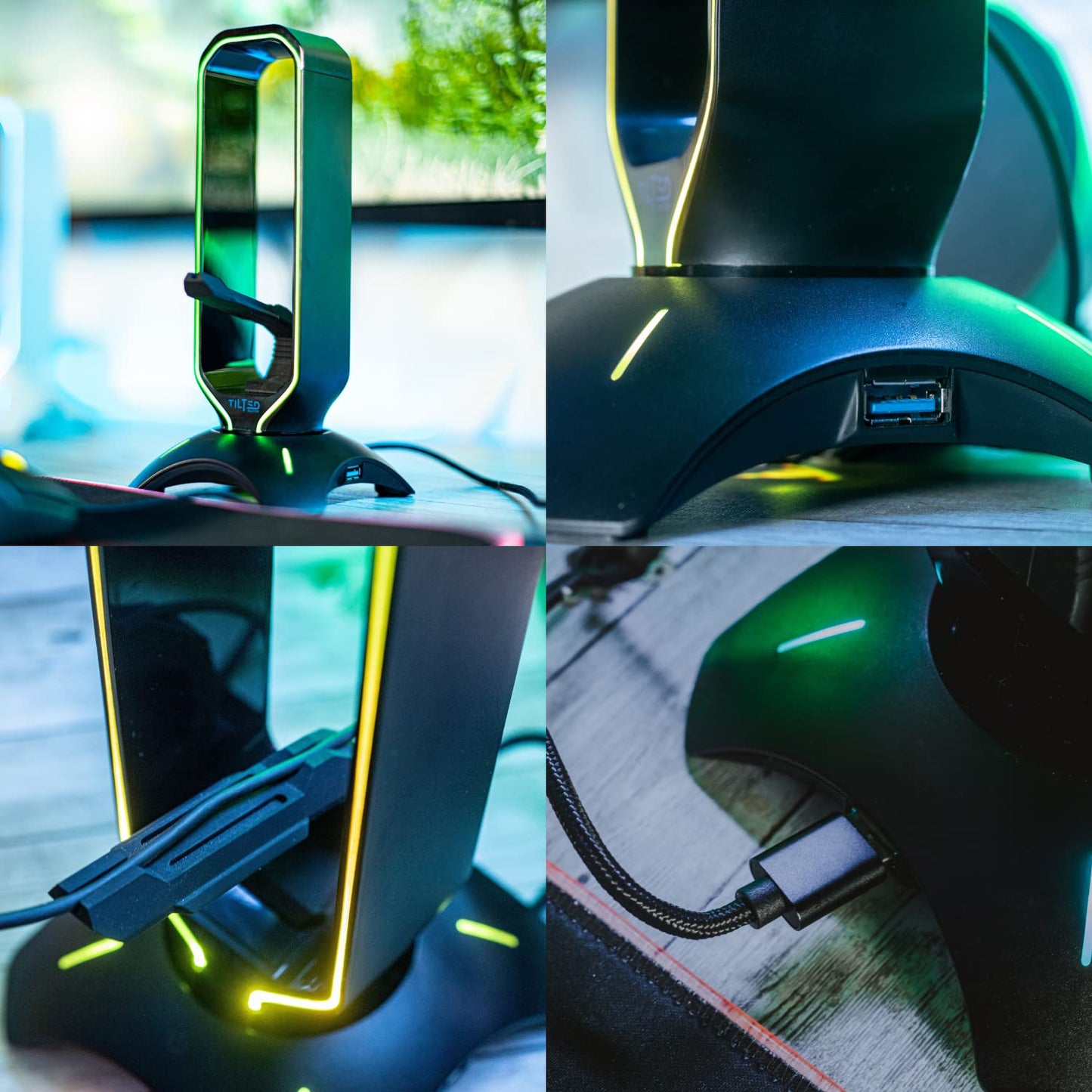 Tilted Nation RGB Headset Stand and Gaming Headphone Stand for Desk Display with Mouse Bungee Cord Holder with USB 3.0 Hub for Xbox, PS5, PC - Perfect Gaming Accessories Gift